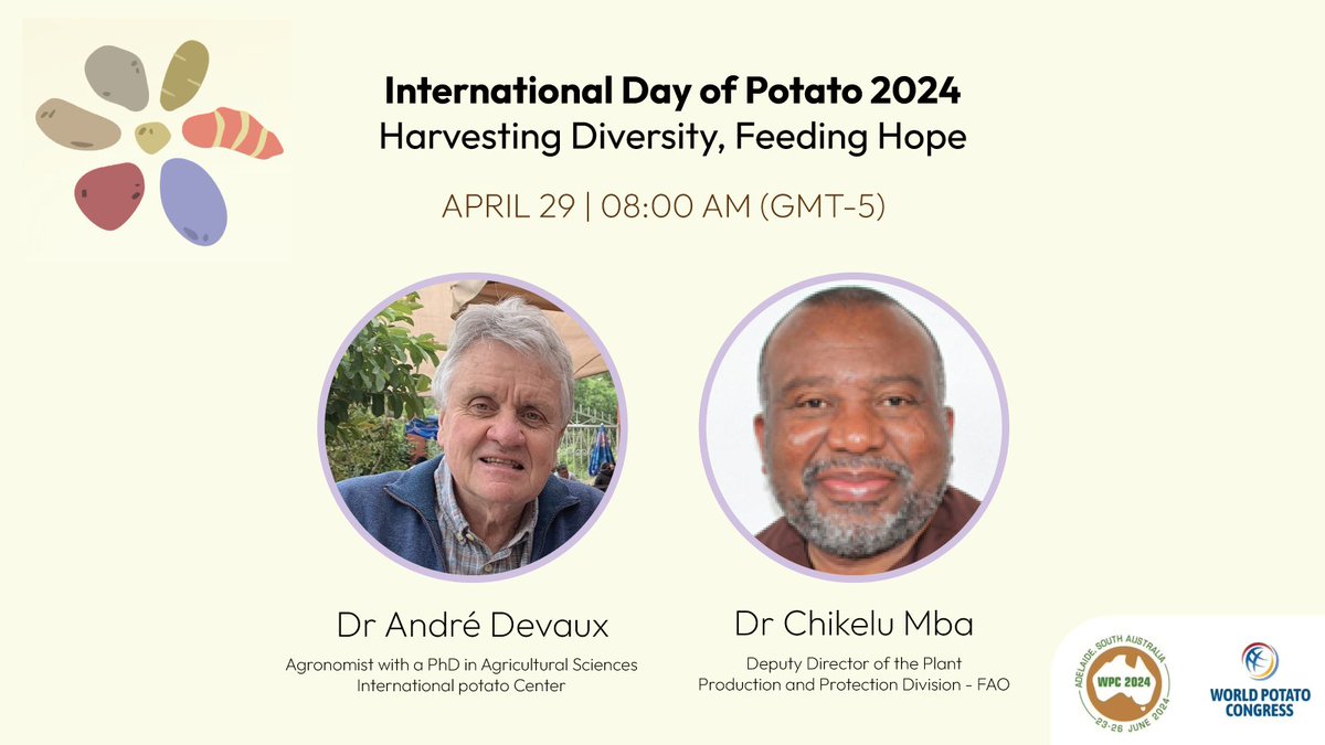 Mark your calendar 📆 for April 29! Dr. André Devaux presents 'International Day of Potato 2024 - Harvesting Diversity, Feeding Hope.' Discover potatoes' 🥔 role in global challenges. Register now: 👉🏽 bit.ly/Webinar-WPC-IDP 🔸 @wpcongress 🔸 @cgiar