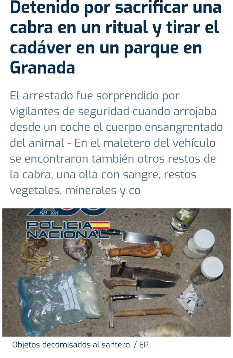 Acusado de maltrato animal al matar en un ritual una cabra que iba a tirar en un parque cuando fue sorprendido por los vigilantes de seguridad del recinto.
#Granada

#seguridad #seguridadprivada