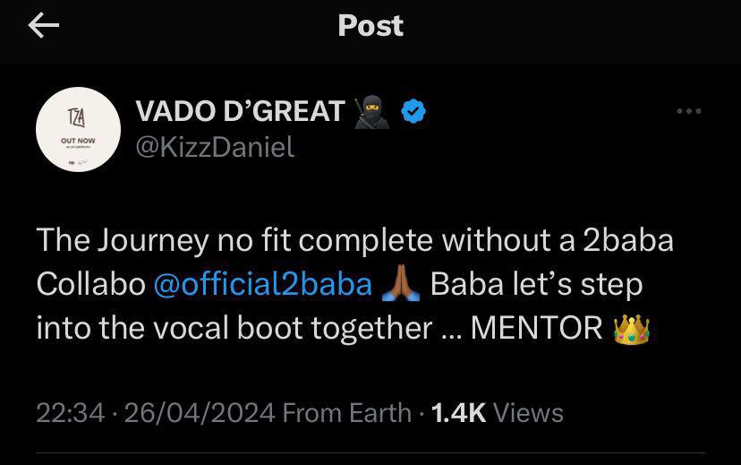 2baba and kizz daniel feature I pray. Patiently anticipating for this magic🔥