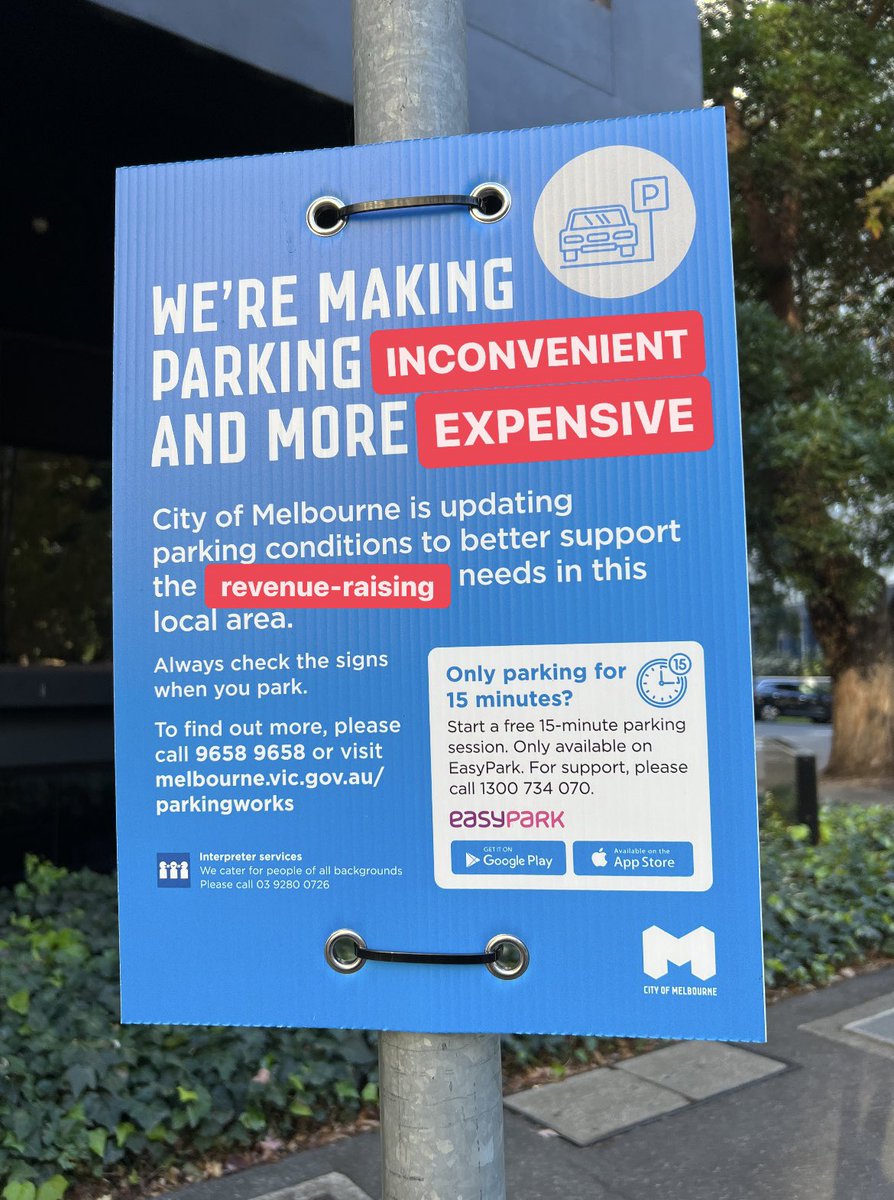 Melbourne City Council is rolling out this change to parking restrictions around Southbank. A lot of people I know who work evenings & weekends are very annoyed. It’s gone from free & unrestricted street parking to metered with 3-hour limits every day until 10pm!