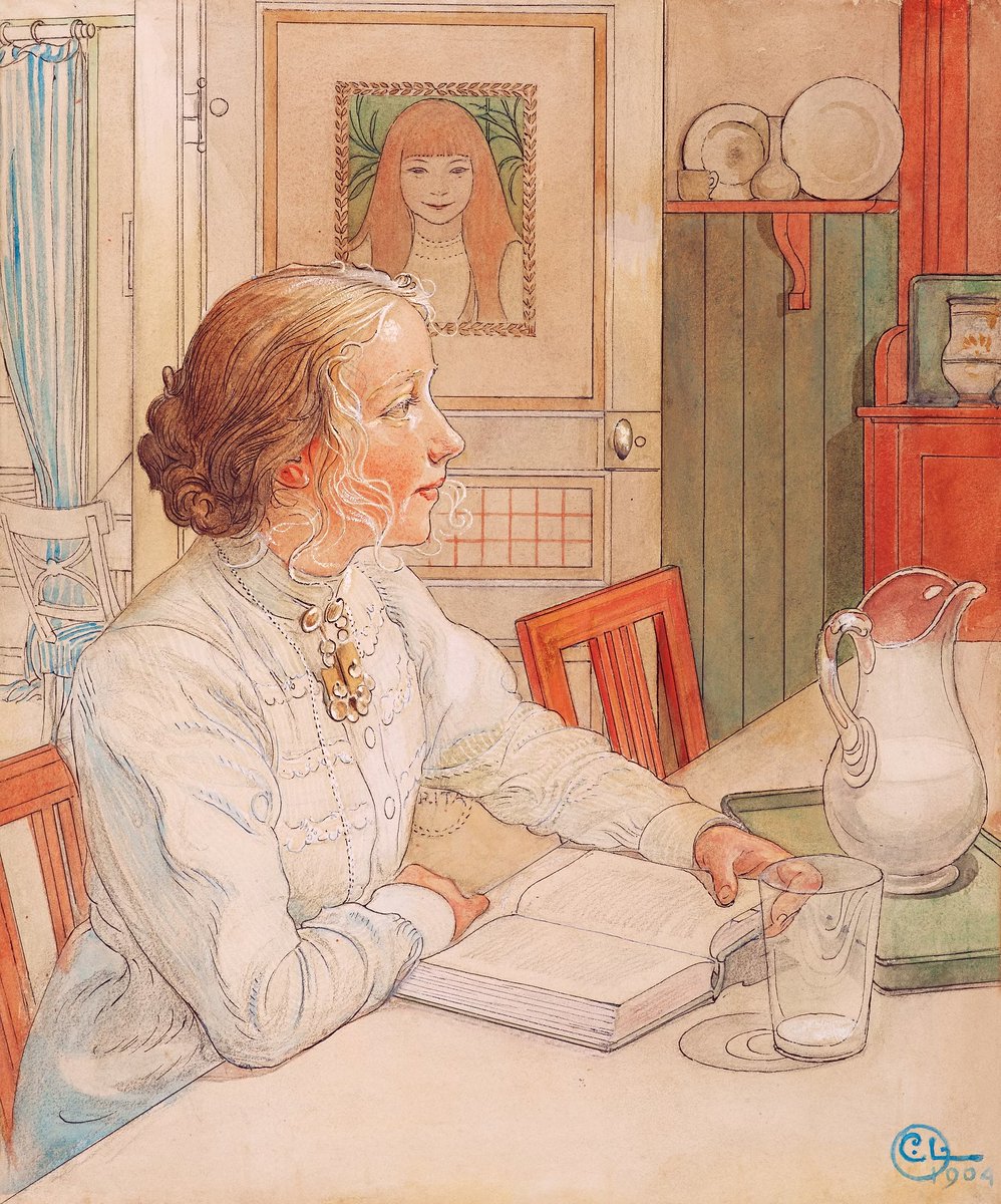 My Eldest Daughter, Suzanne with Milk and Book by Carl Larsson 1904 (Private Collection). Dining room. Lilla Hyttnäs, Sundborn.