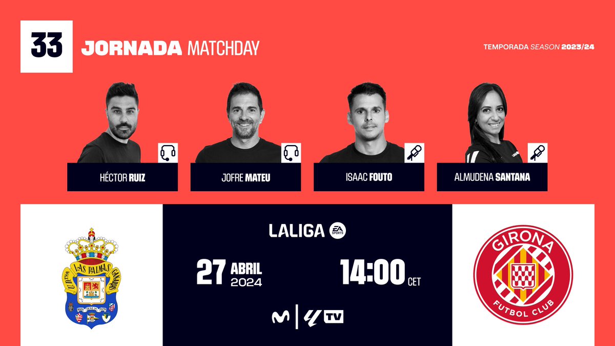 #FelizSábado La pelota no se mancha #jornada33 El mejor #fútbol siempre c@ntado en #LaLigaTV👇🏼 🏟 Gran Canaria ⌚️ 14:00 ⚽️ @UDLP_Oficial @GironaFC 🎙@HectorRuizPardo @isaacfouto @_AlmuSantana y☝🏼 @LaLiga #LALIGAEASPORTS #InsideLaLiga #LasPalmasGirona @MovistarFutbol