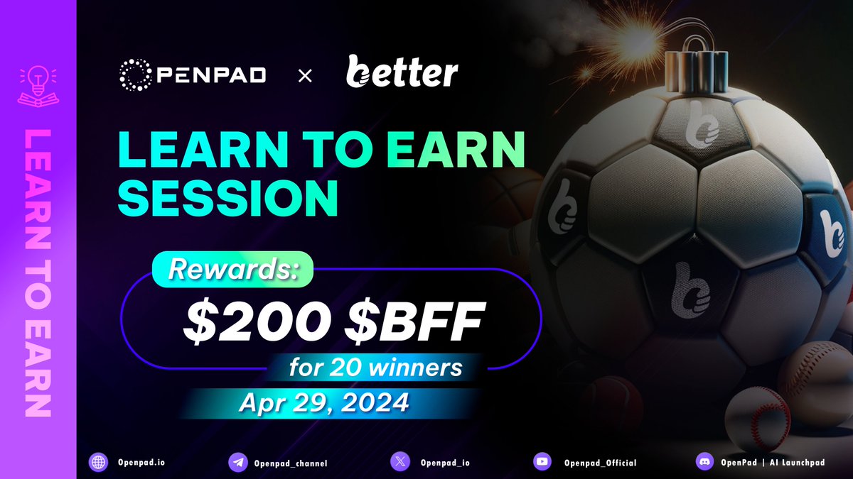 🚀 Win $200 $BFF with @Betterfanapp Learn-To-Earn Session Prepare to enhance your understanding of Better Fan in our upcoming Learn-To-Earn session. 📅 Date: Apr 29, 2024, at 09:00 AM UTC 📍 Venue: t.me/openpad_offici… 💰 Rewards: $200 $BFF for 20 lucky winners ‣ Prepare…