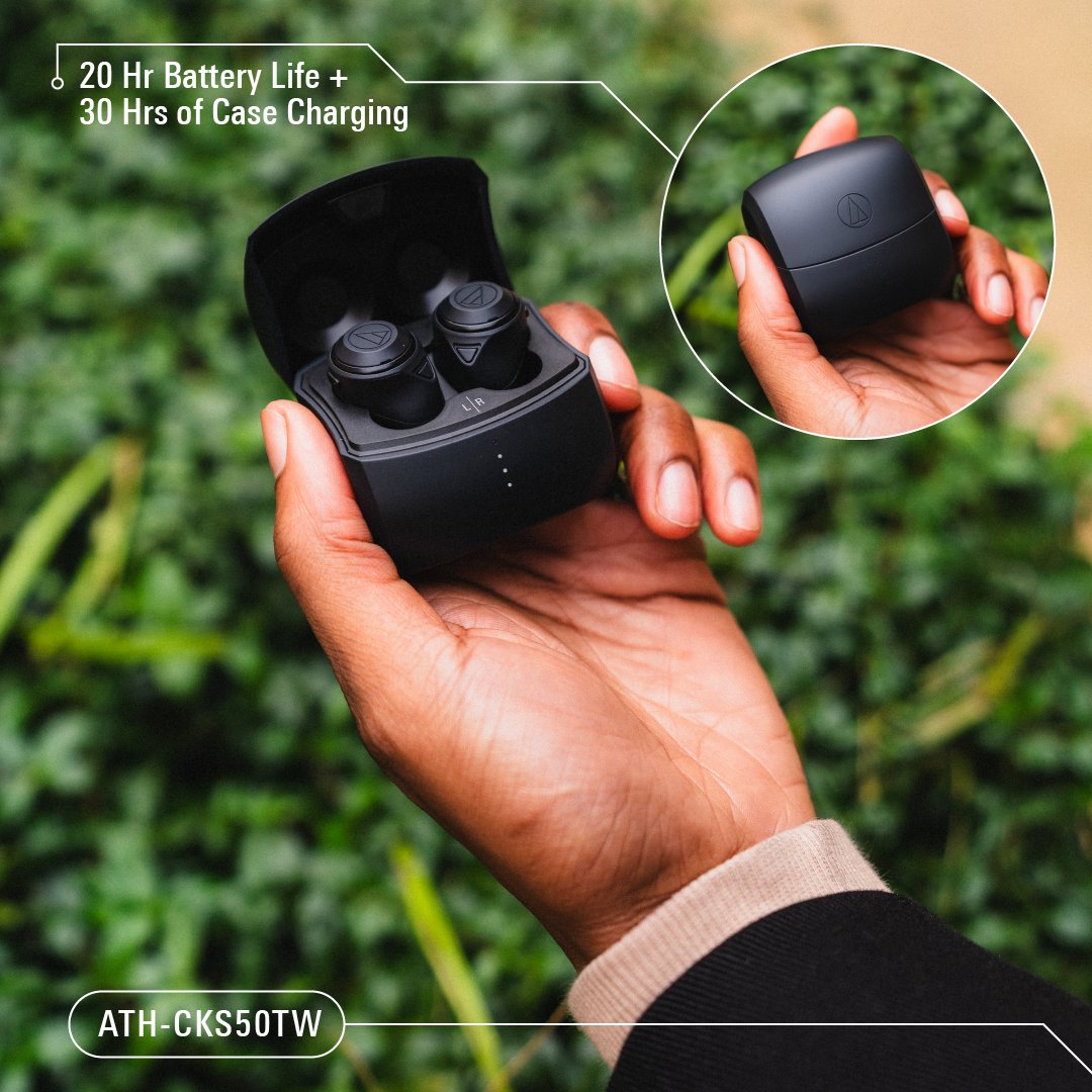 With up to 20 hours of power on a single charge, the ATH-CKS50TW #earbuds are great to have with you for long journeys. Activate noise-cancelling mode by one tap on the buds 🔊