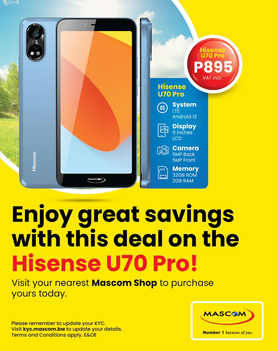 Get yourself the Hisense U70 Pro from Mascom for only P895 and create lasting memories with this exclusive deal. Available at your nearest Mascom Shop. Don't miss out on capturing the magic! #Number1BecauseOfYou #HisenseU70Pro