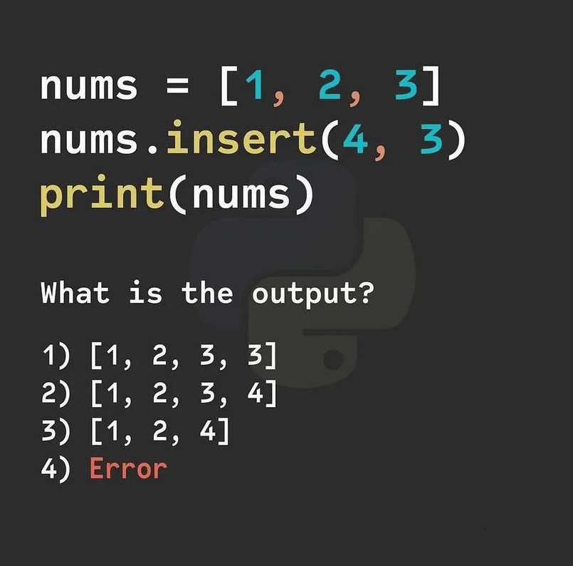 Python Question / Quiz;

What is the output of the following Python code, and why? 🤔🚀 Comment your answers below! 👇

#python #programming #developer #morioh #programmer #coding #coder #webdeveloper #webdevelopment #pythonprogramming #pythonquiz #machinelearning #datascience