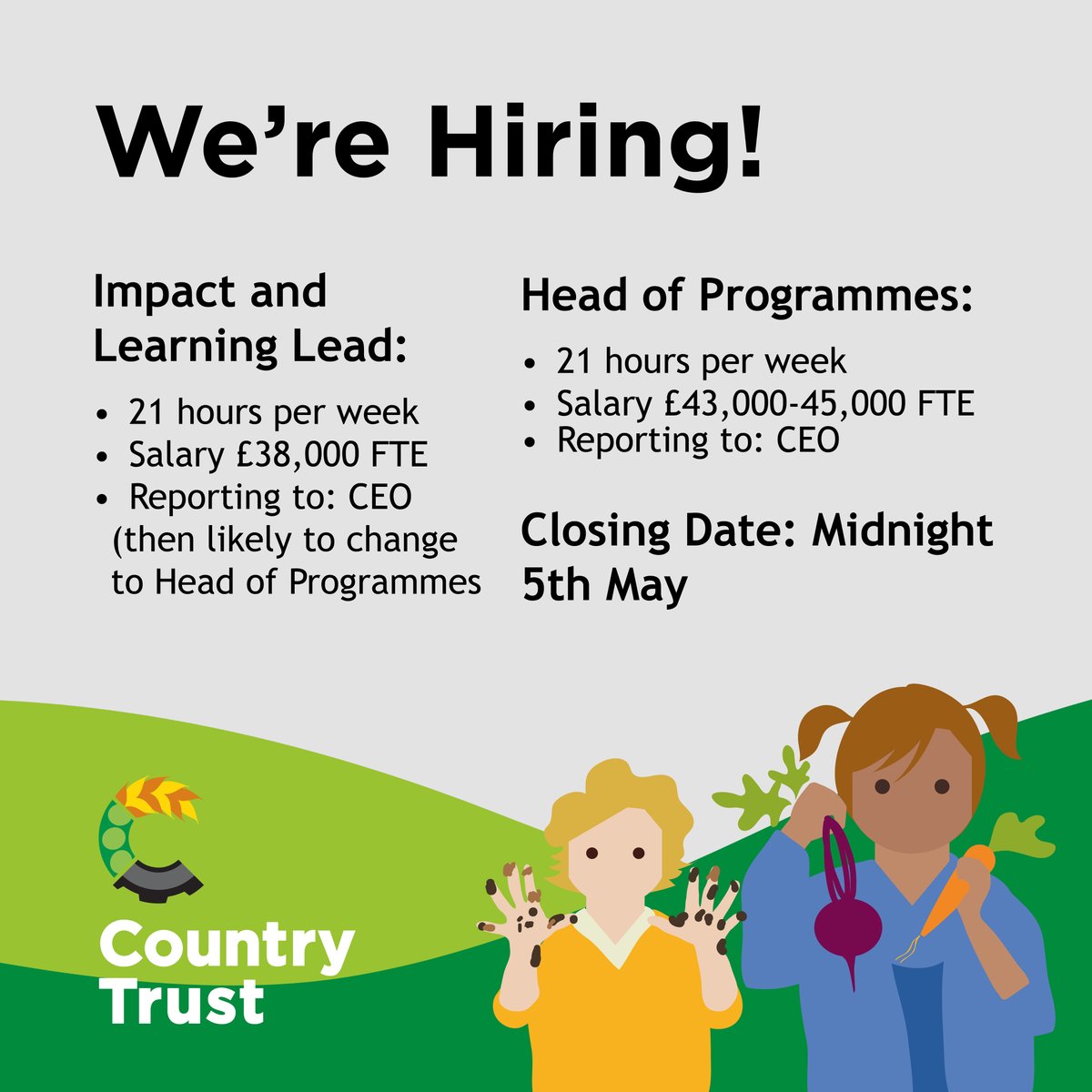 Join our team! 🌟 We're seeking two versatile and experienced leaders to join our senior leadership team and help deliver our mission. 🌿 Head of Programmes 📈 Impact and Learning Lead Closing: Midnight 5th May. countrytrust.org.uk/about-us/work-…