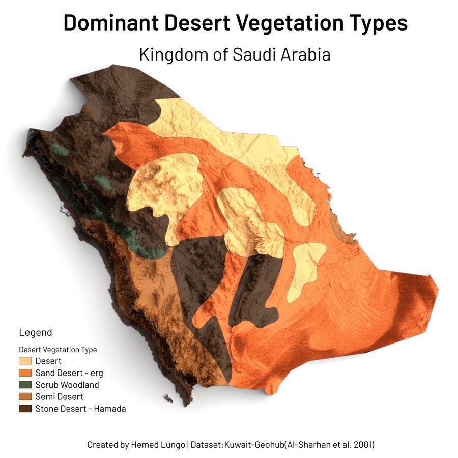 This map by @725Hemeed shows the dominant desert vegetation types in Saudi Arabia. It was really handy to find oil! Not many other resources to extort otherwise...