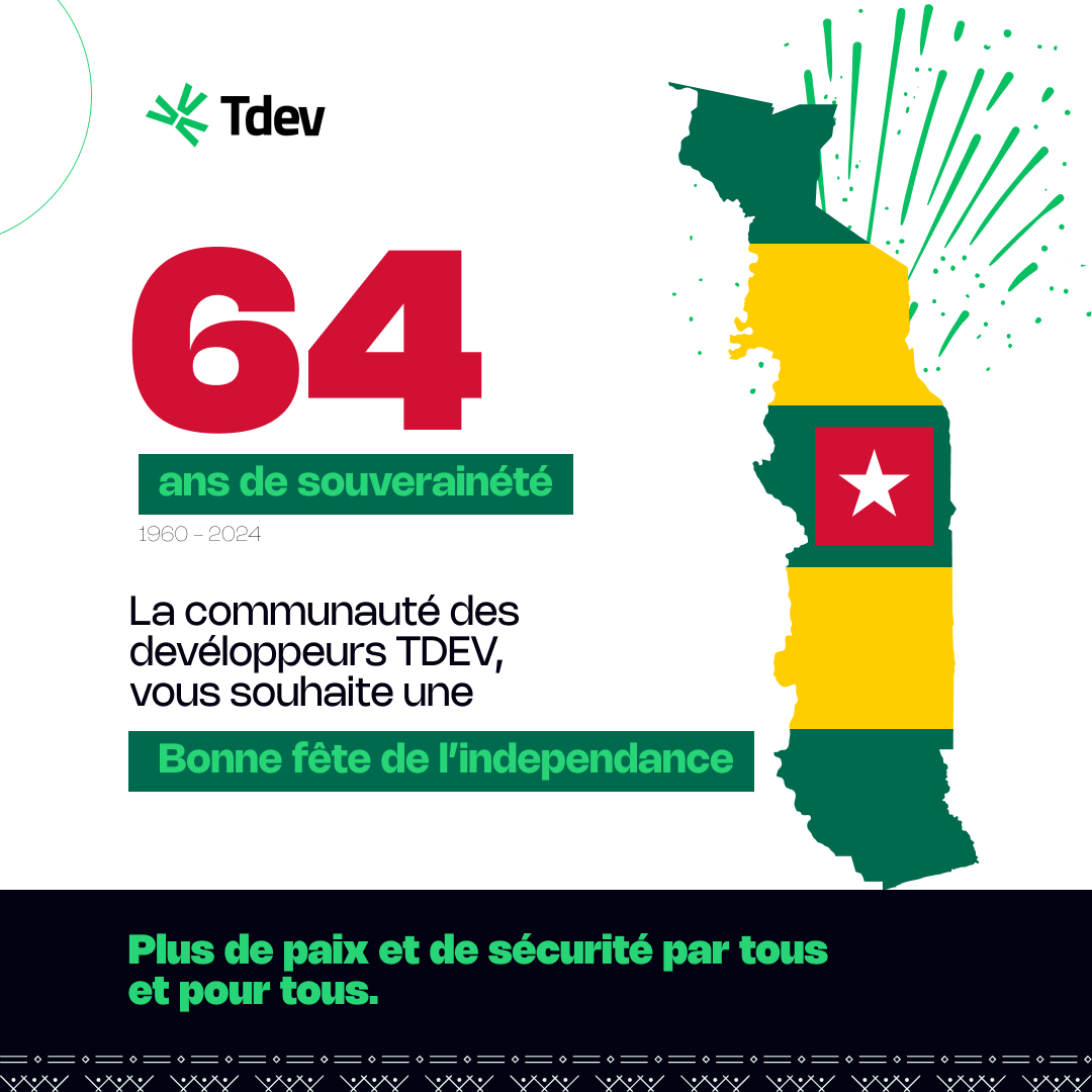 Célébrons ensemble la fierté et la liberté en ce jour d'indépendance du Togo 🇹🇬!

Joyeuse fête à tous les Togolais, que cette journée soit emplie de paix, de prospérité, de fraternité et de technologie 🎉 .

#Tdev #TgTech #Tech #27Avril #FêteNationale #TogoIndependenceDay

#1/2