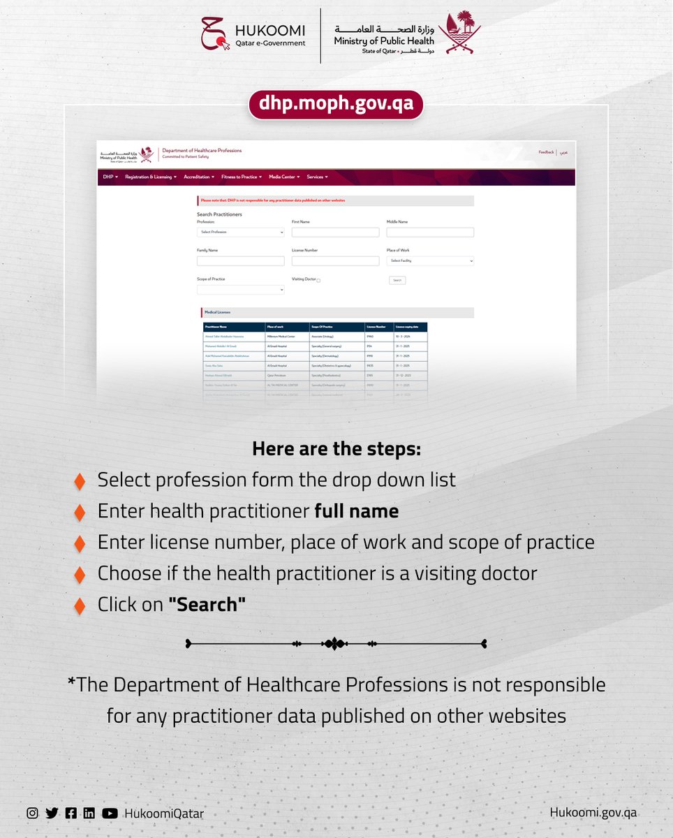 Are you searching for a health practitioner in #Qatar? Use this online service to get the information you are looking for. 🔗 bit.ly/MOPH_HP @MOPHQatar