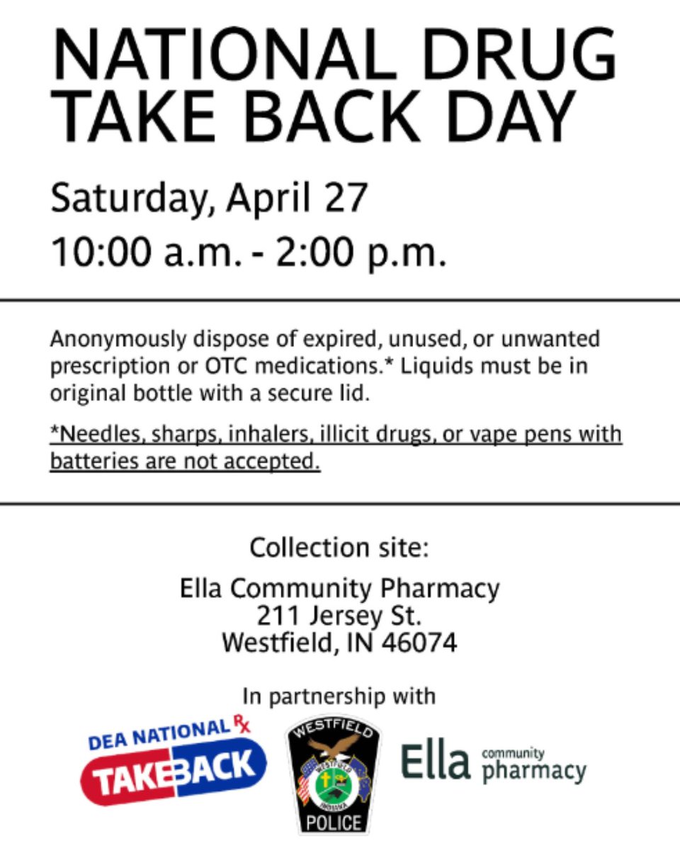 TODAY!!!
#NationalDrugTakeBackDay #AspireIndianaHealth #EllaCommunityPharmacy #WestfieldIN