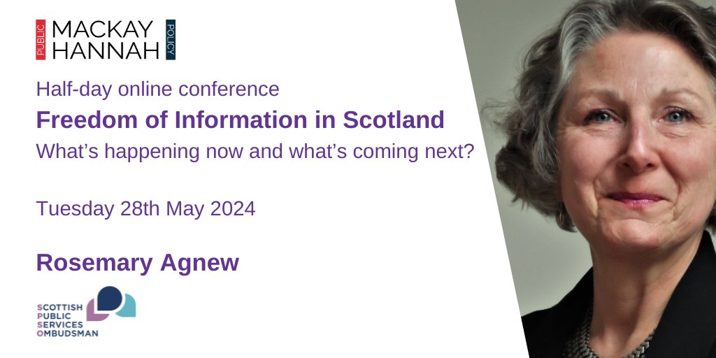 Rosemary Agnew, Scottish Public Services Ombudsman @SPSO_Ombudsman will be discussing freedom of information and the broader accountability context. Find out more here tinyurl.com/yc39ydrp. Book your place and get 3 for 2. #FOI #FreedomOfInformation