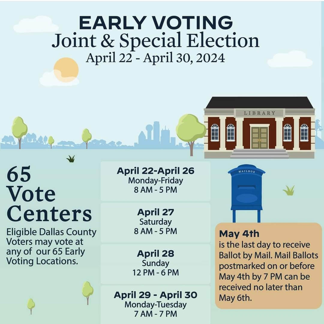 Check out some of these local events going down TODAY, April 27, 2024! dallascountyvotes.org/election-day/u… #cedarhilltx #vote #GOTV #DallasCountyElections #schoolboard #DallasBond @CedarHillTX @UnitedWayDallas @DPDJubileePark @NC100BWDallas @DallasElections @dallascollegetx @dallasschools