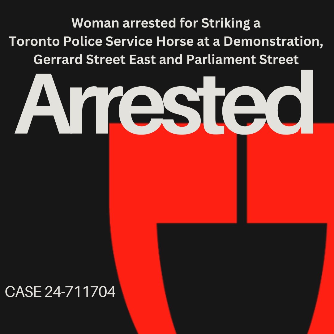 Toronto Police is making the public aware of an arrest made in an investigation into a woman striking a Police horse. Maryam Alnazer, 61, was arrested and charged w: 1Obstruct Peace Officer 2Assault Peace Officer 32 counts of Assault with a Weapon 4Weapons Dangerous