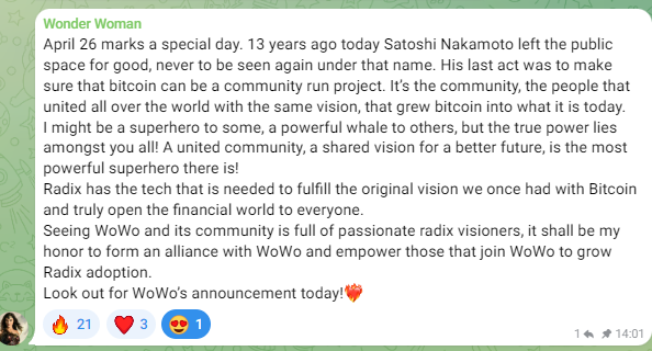 THE WOWO ALLIANCE
As you may have noticed, our ICONIC COMMUNITY MEMBER, PROJECT WOWO IS BASED ON, IS BACK. Still speechless, but it’s true!💯 To speak in her beautifull words: we believe <a href="/radixdlt/">Radix - Radically Different DeFi</a> has the tech that is needed for mass adoption. We as an awesome a united WOWO &amp;