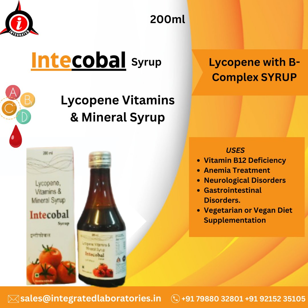 LYCOPENE & B-COMPLEX SYRUP (INTECOBAL)=
integratedlaboratories.in/product/lycope…
🎉RAISE YOUR ORDER NOW
 We are WHO GMP-certified
 Contact us for Business Opportunities.
#manufacturers #followformore #pharmaceuticalcompany #pharmacompany #thirdpartymanufacturiing #pharmafranchise