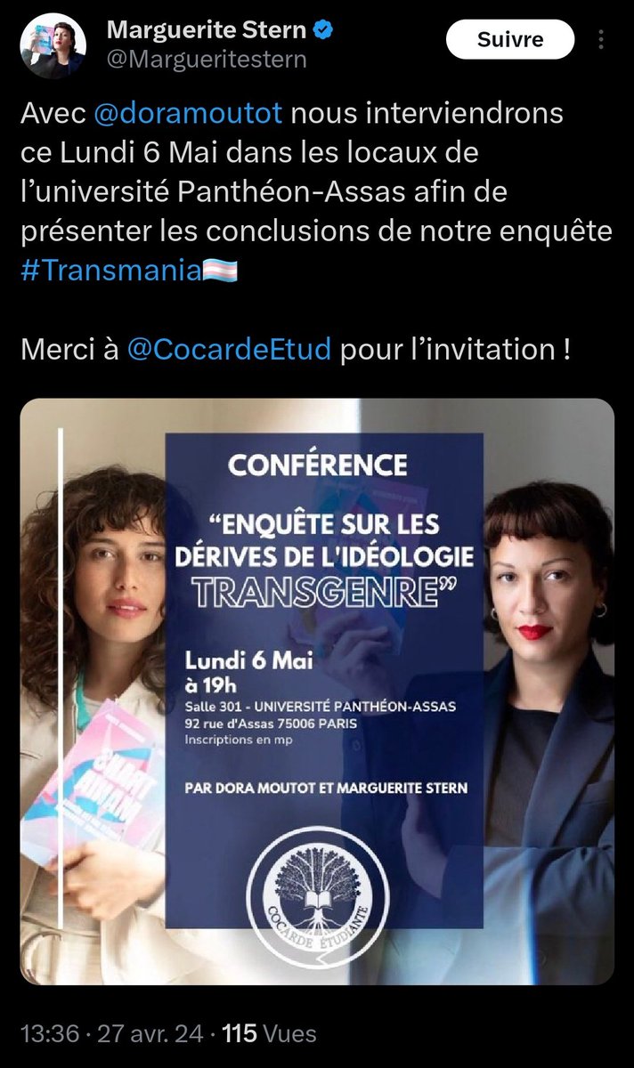 ⚠️ À L'ATTENTION DES ÉTUDIANT•ES DE L'UNIVERSITÉ PANTHÉON-ASSAS ⚠️ La cocarde se permet d'inviter deux figures anti-trans DANS VOTRE UNIVERSITÉ pour parler de leur torchon. Je ne connais pas cette université, mais s'il y a des étudiants prêts à se mobiliser, à /