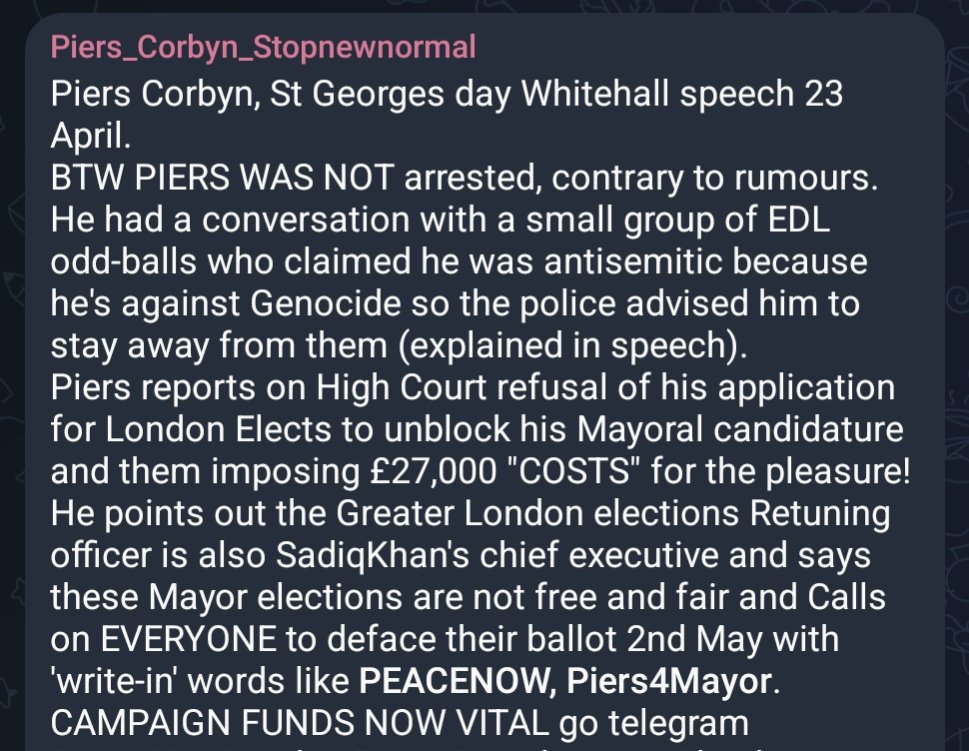 Piers Corbyn update: after failing to make the ballot for the London Mayoral election because of an issue with his deposit, he went to the courts to appeal the decision. Apparently he lost, because he's now trying to raise money to pay £27,000 in defence costs. 🤦‍♂️