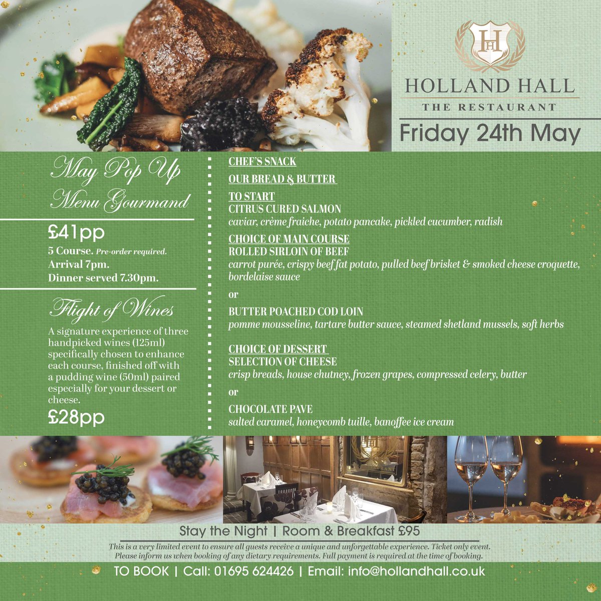 GOURMET DINING EXPERIENCE WITH WINE PAIRINGS - Ready for a taste bud adventure? Join us on Friday 24th May for a 5-course meal at our 'May Pop Up – Menu Gourmand' event. 🍷 💚✨

#finedining #therestaurant #finefood
#TheRestaurantatHollandHall #FineDiningExperience #maypopup
