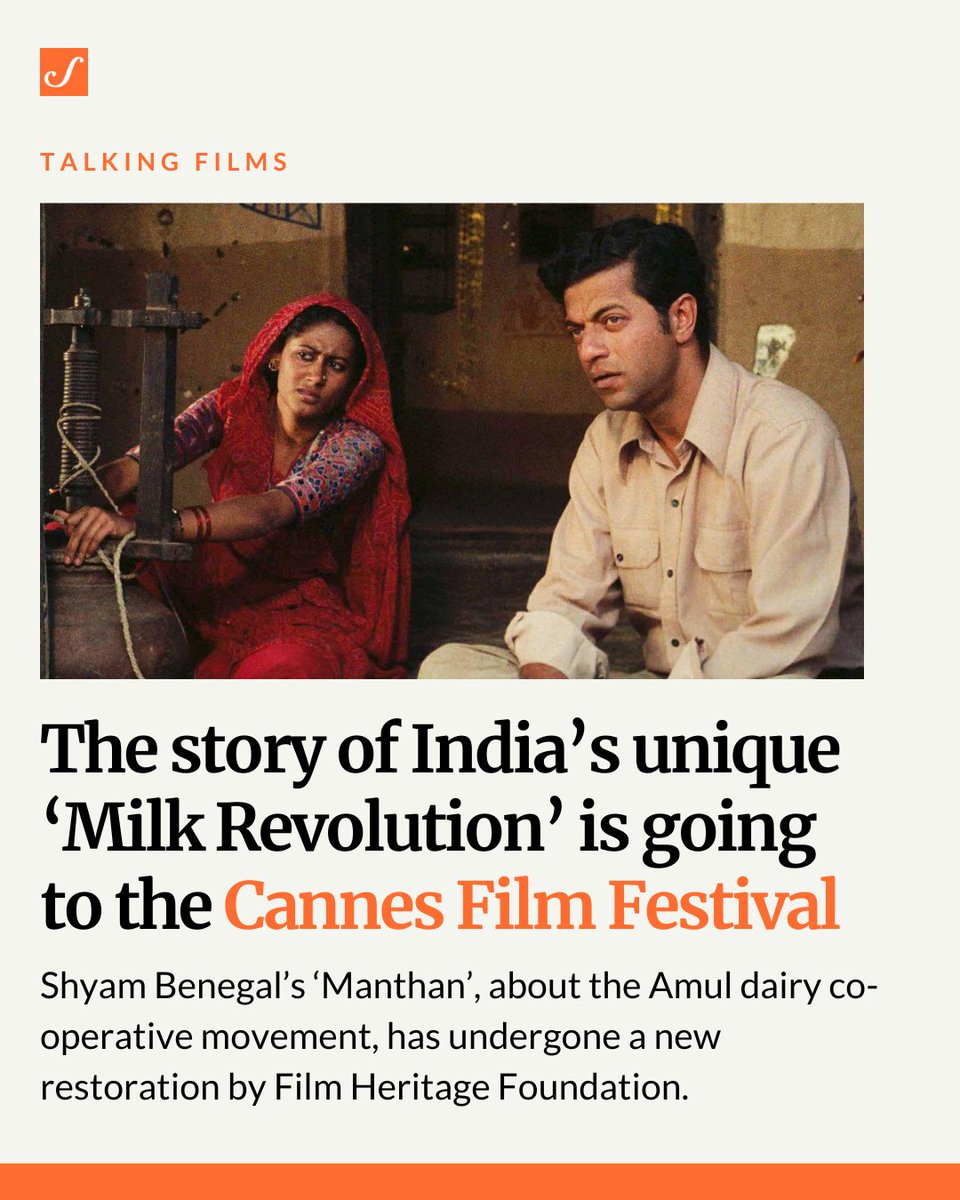 At Cannes, Shyam Benegal's Manthan will be represented by Dungarpur, Verghese Kurien’s daughter and representatives of Gujarat Co-operative Milk Marketing Federation.

Read more here: scroll.in/reel/1067120/

#CannesFilmFestival