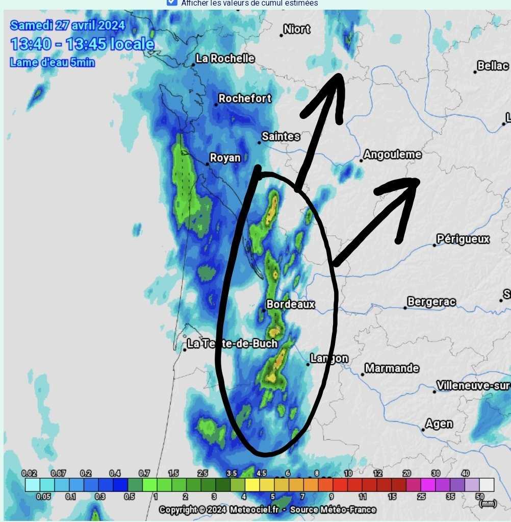 ⚡️ [ Direct ] 27/04/24 13h50 : Comme prévu, des orages remontent en Haute-Saintonge avec grêle ( 1cm ) et activité électrique. Attention proximité Jonzac et Mirambeau, très forte pluie actuellement !! #orages