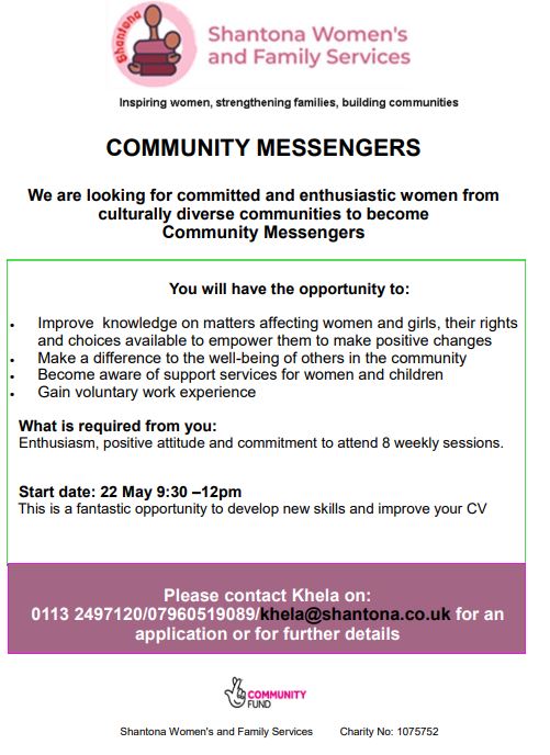 We're looking for Community Messenger volunteers! As part of it you'll receive training, guidance and gain expertise on #domesticviolence . Lets get together and #empower our communities #women #youngpeople #families #educate #awareness