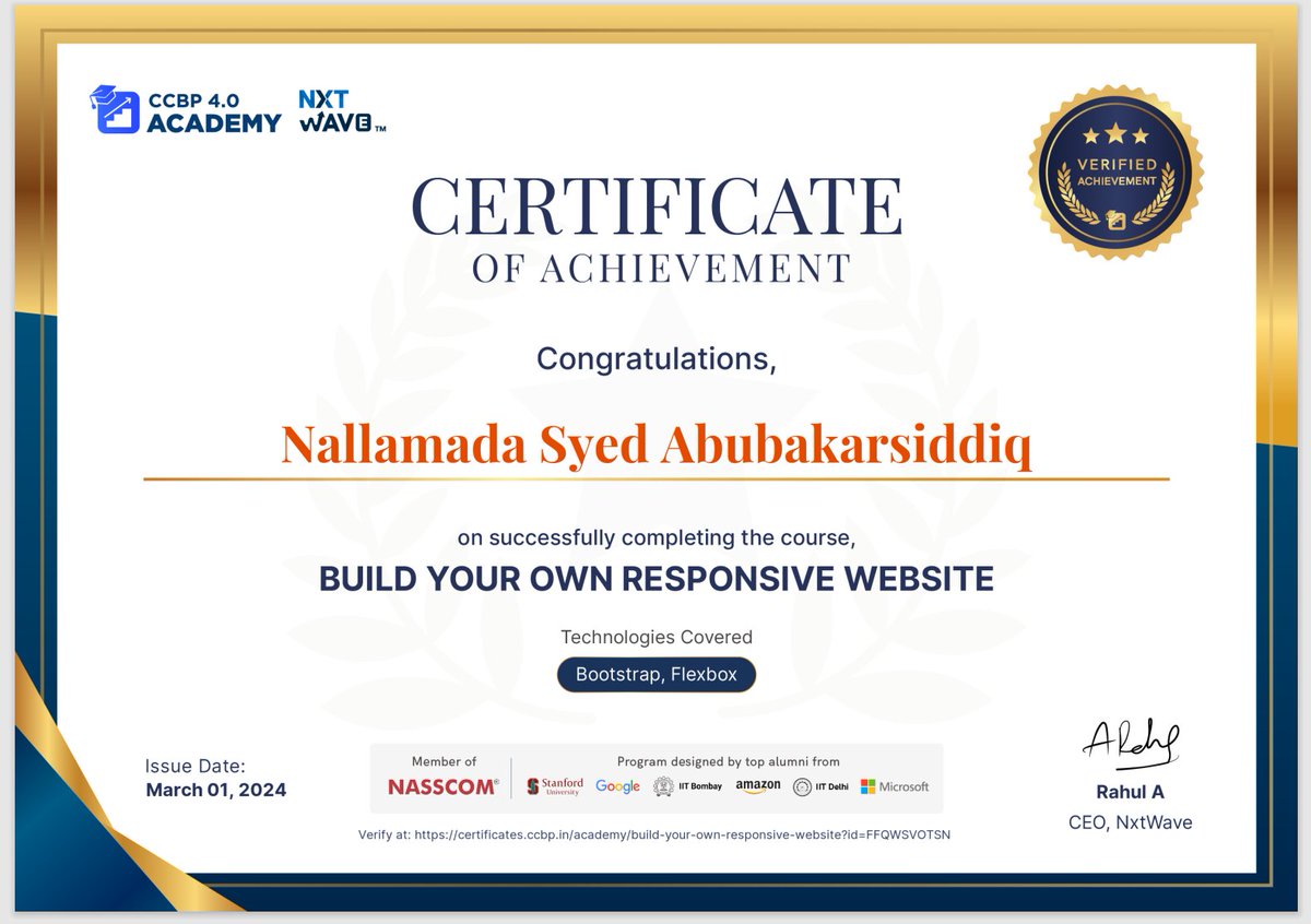 I got a certificate of achievement on successfully completing the course In BULID YOUR OWN RESPONSIVE WEBSITE. From the NXT Wave CCBP 4.0 ACADEMY. #nxtwave #nxtwaveteam #nxtwaveccbp #nxtwaverahulattuluri #sashankgujjulasir #coding #html5 #css  #webdeveloper  #nxtwave_tech