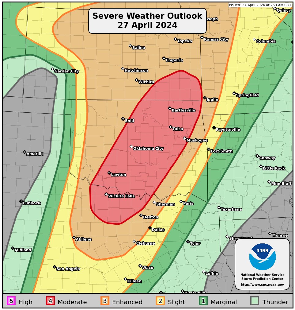 6:52am CDT #SPC Public Severe Weather Outlook #PWO concerning #kswx #mowx #okwx #txwx spc.noaa.gov/products/outlo…