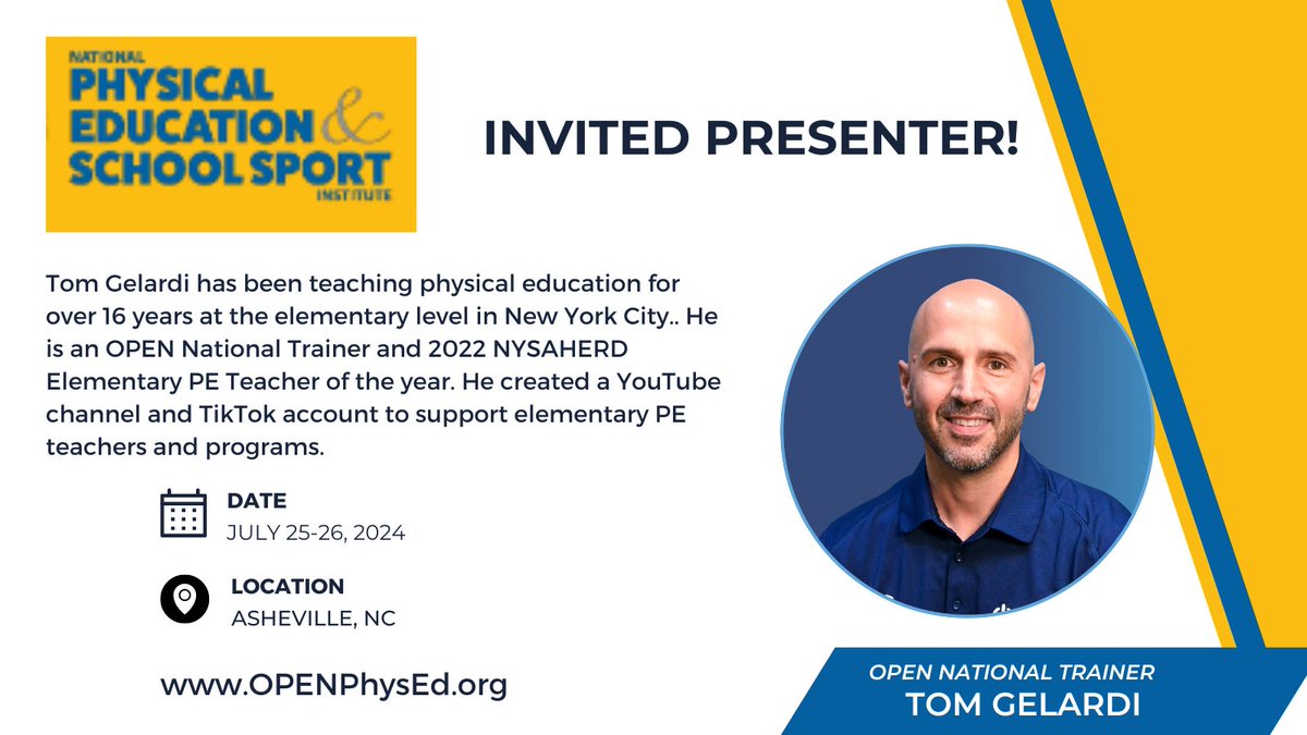 We are thrilled that @CoachGelardi will be doing two #physed sessions at #PEInsitute24 this summer in North Carolina! You can get more info on this event at bit.ly/3PPNva2! #everydayisgameday #teachershelpingteachers #giveitatry  @NCSHAPE