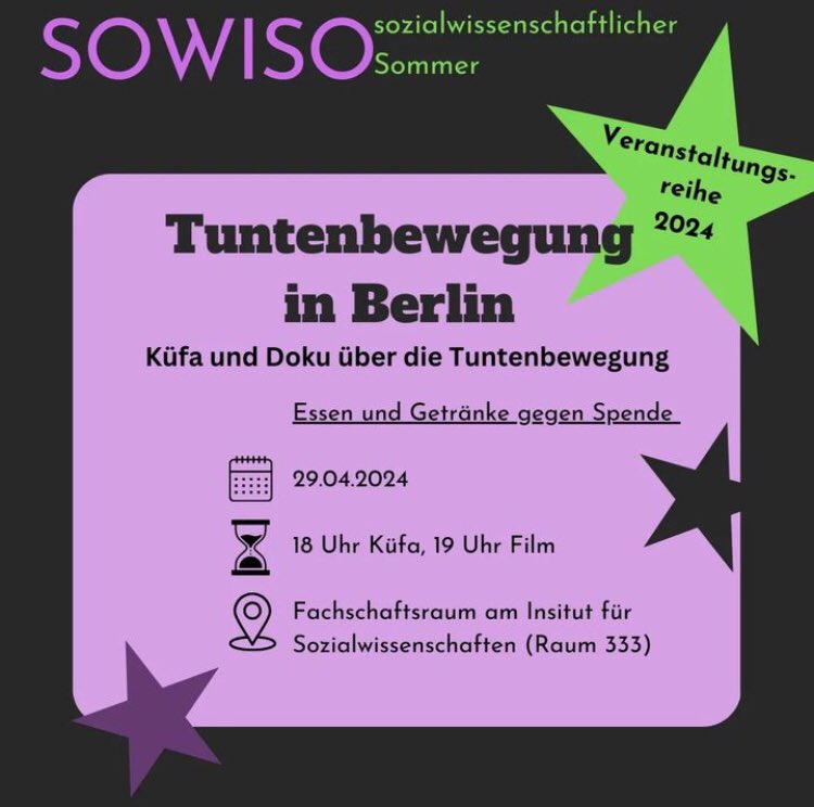 Übermorgen, am Montag, folgt der nächste Programmpunkt unserer SoWiSo Sommer-Reihe! 18:00, im FS-Raum, mit Film und Küfa zur Tuntenbewegung in Berlin. Aktueller Hintergrund: der Kampf des @savetuntenhaus in der Kastanienallee! (Bringt gerne eigene Schüssel und Löffel mit🙂)