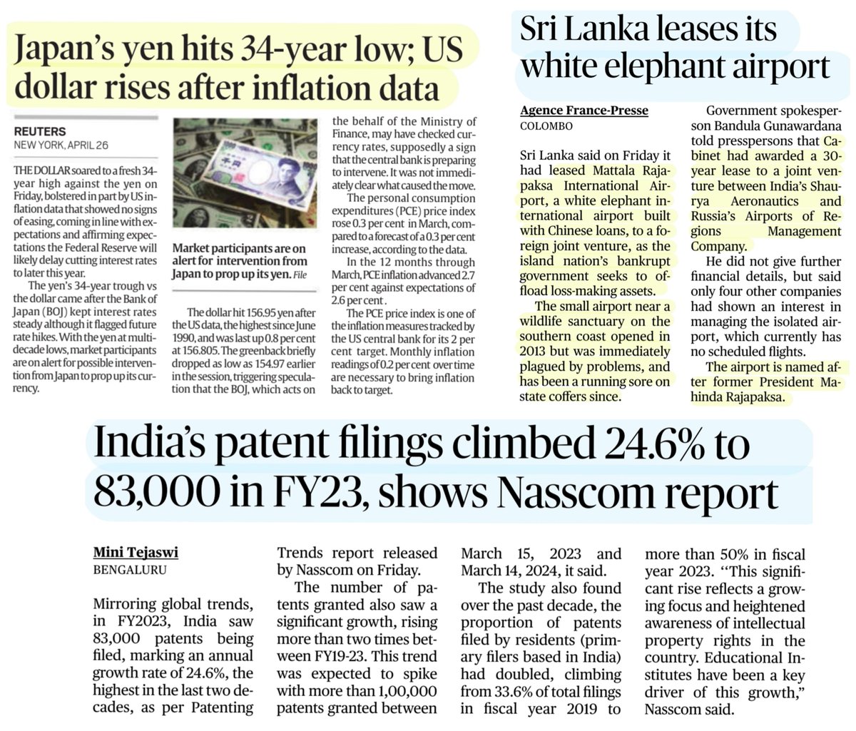 *Update
-#IsraelHamasWar 
-#UkraineRussiaWar 
-#USA #China talks
-#StudentProtests in USA📈
*NASSCOM:India's #Patent Filings📈 24.6% in FY23
*#Japan #Yen hits 34 yr low
*#SriLanka leases airport
*#Corals bred in a zoo join Europe's largest reef,Gv scientists hope

Source: IE & TH