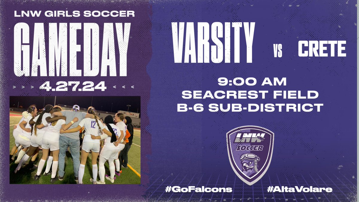 GAME DAY 15
🆚 Crete  
⏱️ 9:00 AM
📍Seacrest Field 
🚨Sub-District Round 1

#GoFalcons⚽️
#AltaVolare