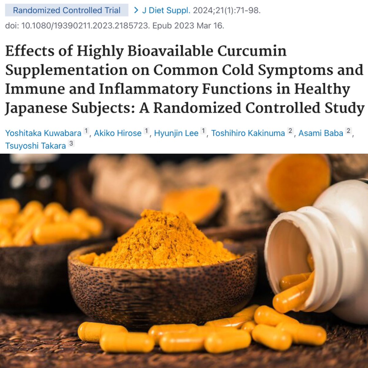 Curcumin supplementation ⬇️ common cold symptoms 🦠

This new study investigated the effects of two curcumin supplements vs placebo on common cold symptoms over 12 weeks 💊 

Results:

150 mg/day of either curcumin supplement significantly ⬇️ the number of days participants had…