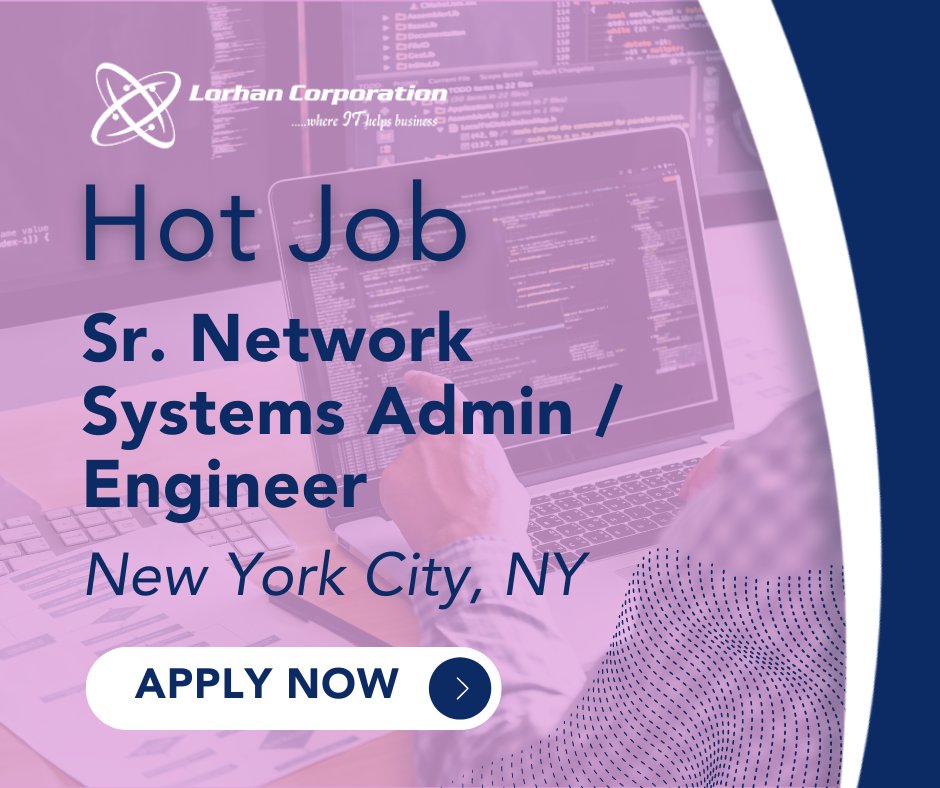 We are looking for a Sr. Network Systems Admin/Engineer in New York City, NY. If you’re interested or if you know anyone who is a good fit for this position, please reach out to shiva@lorhancorp.com. bit.ly/4aSYnMH #networkadmin #systemsengineer #itinfrastructure