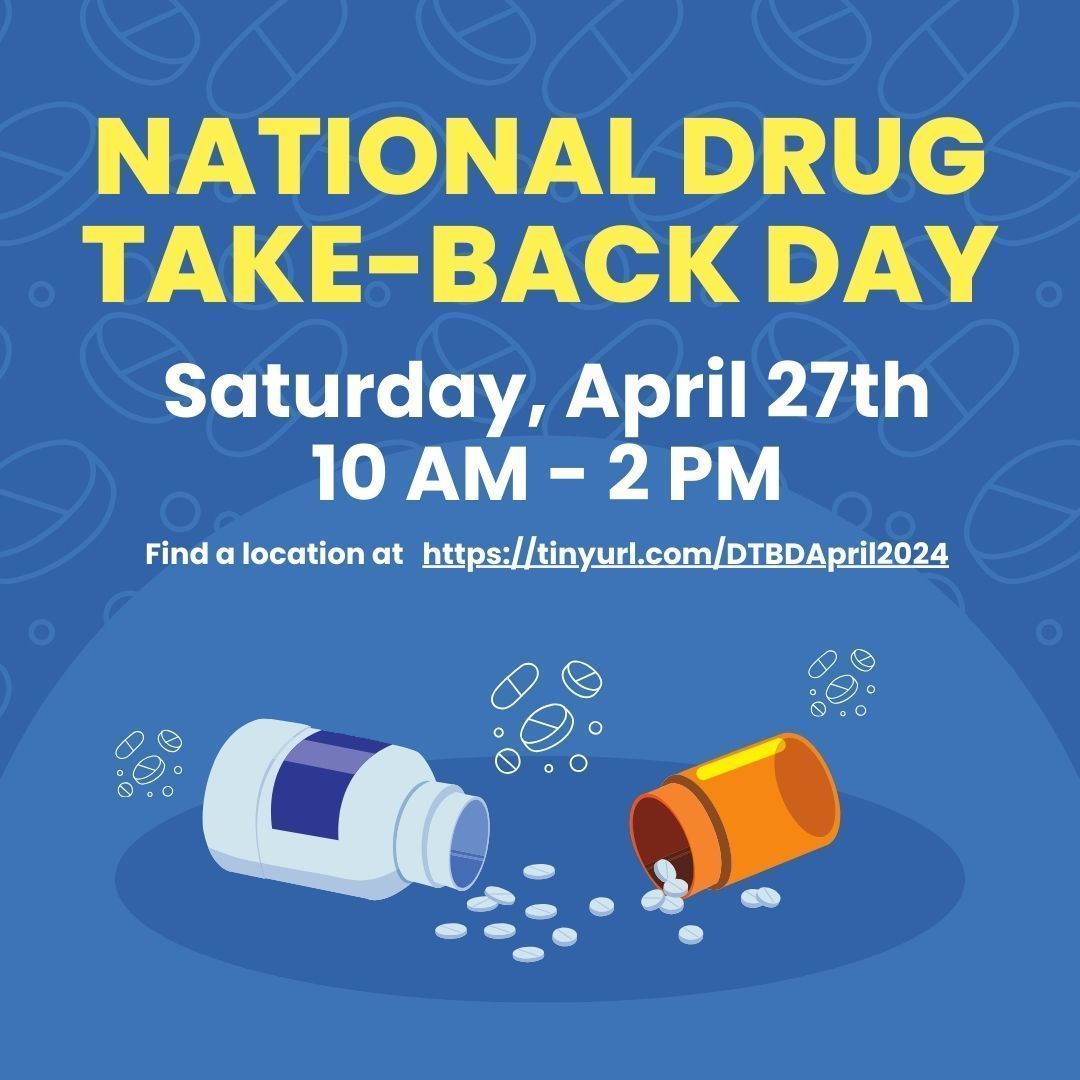 Today, dispose of your expired or unused medications safely and confidentially at a Drug Take Back Day site! Join us in keeping our communities safe. Find a location at  tinyurl.com/DTBDApril2024  #DrugTakeBackDay #SafeCommunities