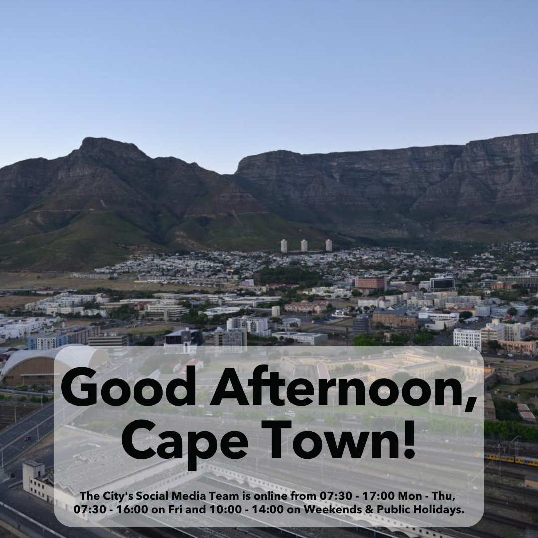 Good afternoon Cape Town! Our team will return tomorrow. If you need anything, call us on 0860 103 089 or download the City's App: 🍎 apple.co/3pZAkth 🤖 bit.ly/3pMGltv For emergencies, call 021 480 7700 from a cellphone or 107 from a landline. #OneCityTogether