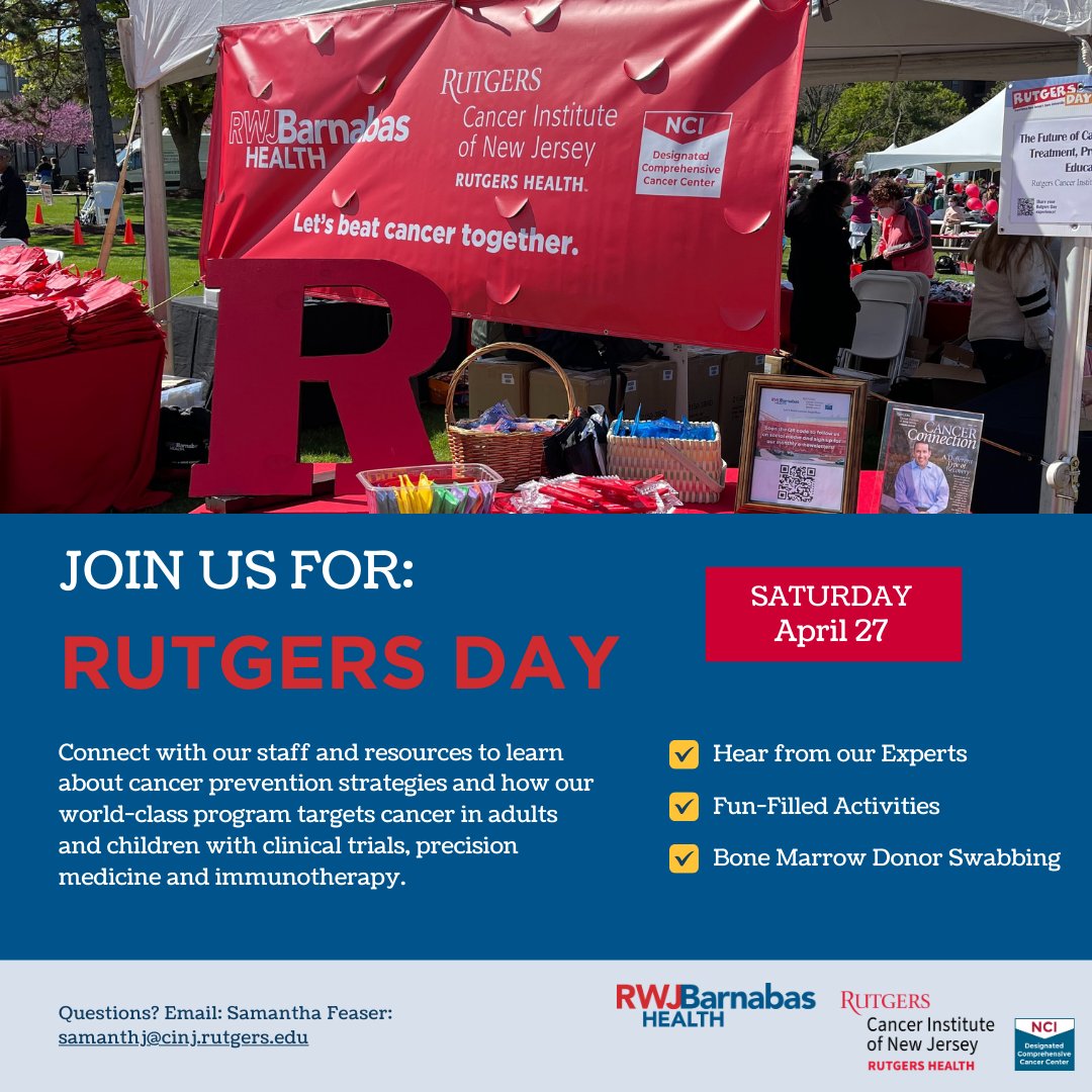 Today is the day! 😄 Catch us on Busch Campus for #RutgersDay and #learn about @RutgersCancer! ❤️ Hear from our experts, participate in a bone marrow #donor swab, and join us for fun-filled #activities! @RWJBarnabas