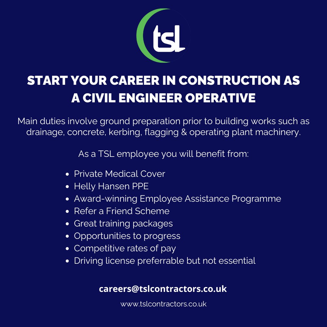 We are Hiring! Start your career in construction as a Civil Engineer Operative. To talk to us about this position or the various apprenticeships we offer please contact our office in Craignure on 01680 812475 or drop us an email at careers@tslcontractors.co.uk!