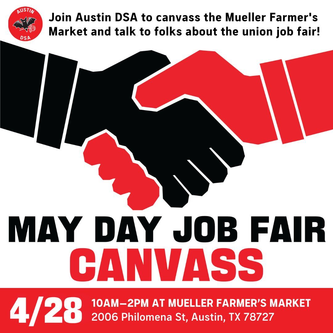 On Sunday 4/28 we'll be at the Mueller Farmer's Market to talk to Austinites about our upcoming May Day Job Fair! This will be a chill canvass to talk about how great union jobs are and promote the job fair that we've been working so hard to put on: buff.ly/44phwDO