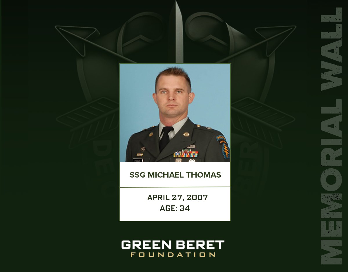 Today, we remember Staff Sgt. Michael D. Thomas who was killed in action on this day in 2007. SSG Thomas was assigned to 1st Battalion, @7thForces. De Oppresso Liber #specialforces #greenberet #deoppressoliber #rememberthefallen #greenberetfoundation #sof #specialoperations