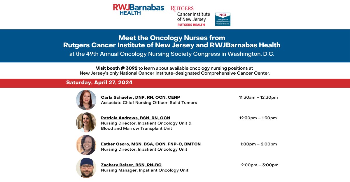 Today is the last day to meet the Oncology Nurses from @RutgersCancer @RWJBarnabas at the Annual #ONSCongress in Washington, D.C.! Visit booth # 3092 to learn about #oncologynursing positions at New Jersey’s only NCI-designated Comprehensive Cancer Center. @RWJUH @oncologynursing