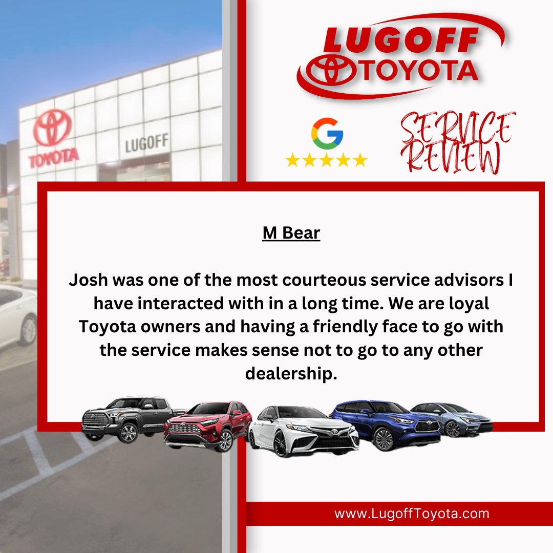 Your loyalty means the world to us; thank you!

Our sales team is available today from 9:00 am - 6:30 pm.

#fastfairfriendly #lugofftoyota #servicematters #toyotanation #columbiatoyota #toyotalife #toyotacare #toyotaclub #letsgoplaces #toyotalove
