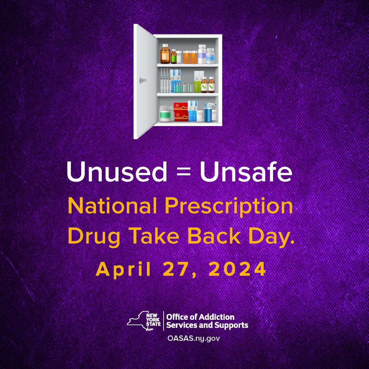 Reminder: Bring your unneeded medication to a nearby collection site TODAY (April 27) from 10 a.m. to 2 p.m. as part of National Prescription Drug #TakeBackDay. Help prevent misuse and create a safer world. Details at oasas.ny.gov/event/national…