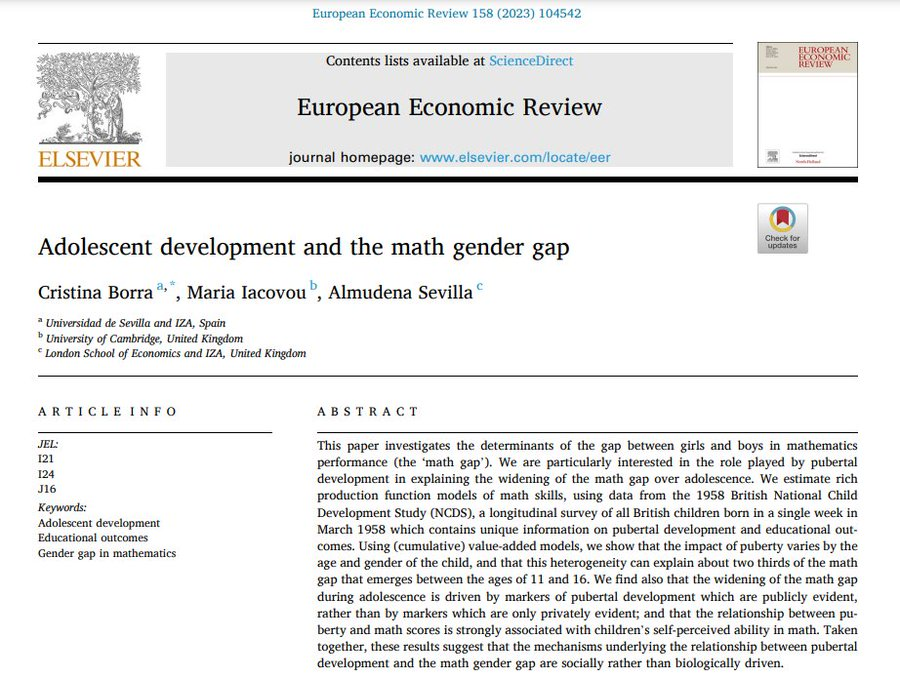 The relationship between puberty and math outcomes is strongly associated with children's self-perception of math skills. The gender gap in math is socially driven sciencedirect.com/science/articl…