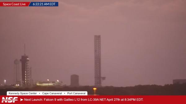 SpaceX F9 : Galileo L12 : KSC LC-39A : 27/28 April 2024 (00:34 UTC). Falcon 9 has arrived at the pad. As expected, the second stage is equipped with a Mission Extension Kit..  4/27/2024