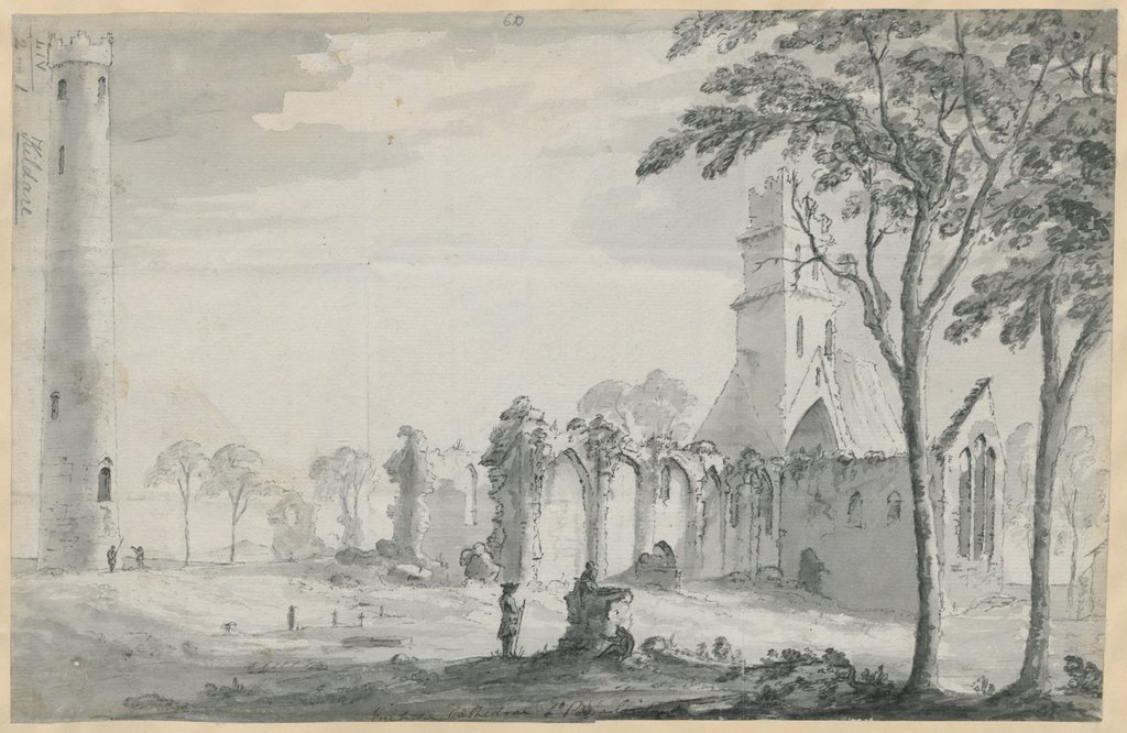 @TuathaIreland 📷🖼️'View of the ruins of St Brigid's Cathedral and Kildare Tower', Kildare Cathedral, Clo Portarlington, 1781. Courtesy British Library, Maps K.Top.54.2.1.👣