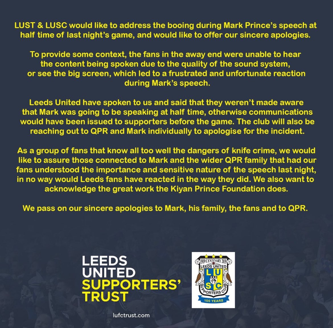 LUST and @LUSCExec would like address the booing during Mark Prince’s speech at half time of last night’s game at @QPR and we offer our sincere apologies.