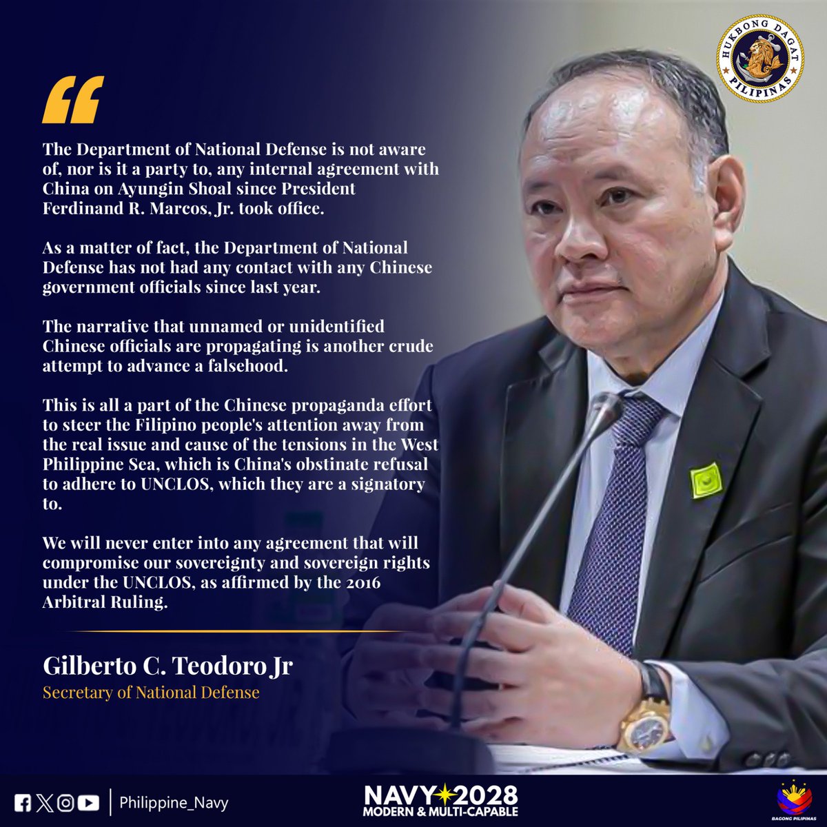 READ | Statement of Secretary of National Defense Read it also here: facebook.com/share/p/dgdQBm… Guardians of the Seas: Ensuring National Sovereignty, Security and Stability #ProtectingtheSeasSecuringOurFuture #ModernandMultiCapablePHNavy #AFPyoucanTRUST