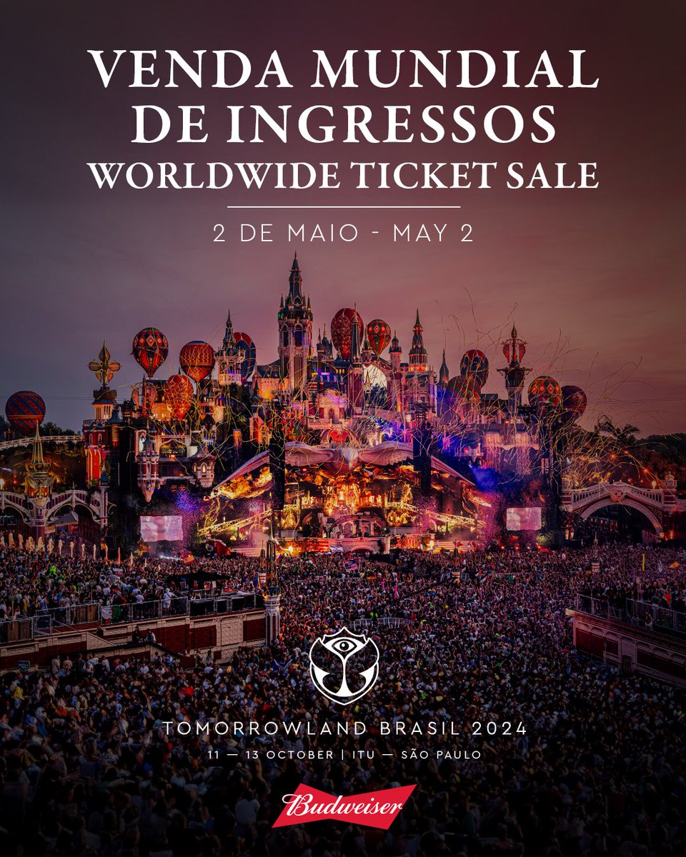 The Tomorrowland Brasil WorldWide Ticket Sale starts on May 2 at 15:00 CEST - 10:00 BRT.  Pre-Register for the Tomorrowland Brasil 2024 Ticket Sale before May 1 at 15:00 CEST - 10:00 BRT, sign into your Tomorrowland Account or create one at my.tomorrowland.com.