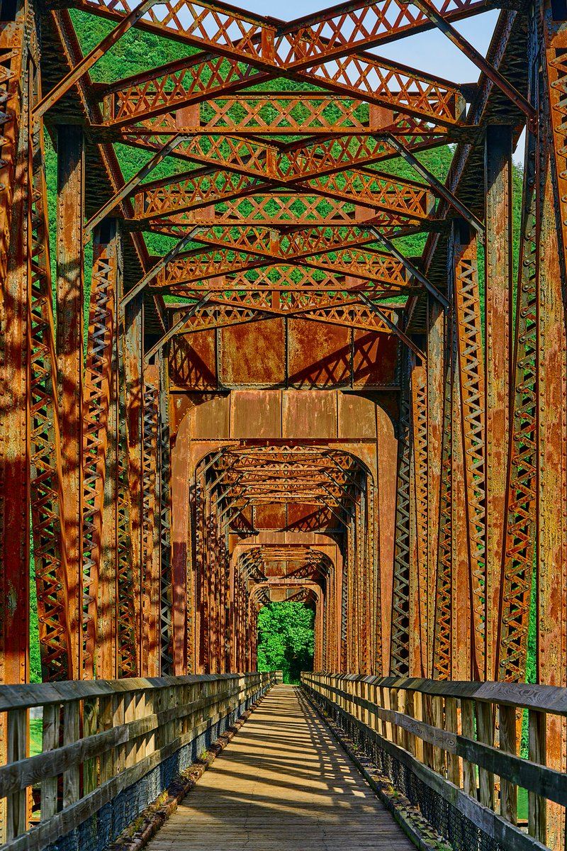 This bridge crosses the New River in Allisonia, Virginia. It is part of the New River Trail from Pulaski to Galax, Virginia. #photography #fineartphotography #bridge #rust #hiking #Virginia #bicycles #Pulaski #Allisonia #architecturephotography #iron #summer #green #river #Sony